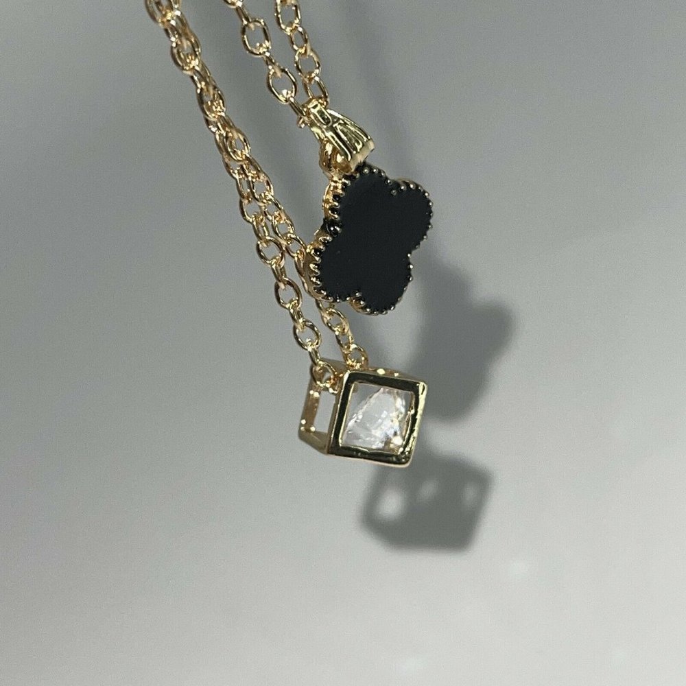 Cubic Zirconia Pendant and Four Leaf Clover 2pc Necklace Set